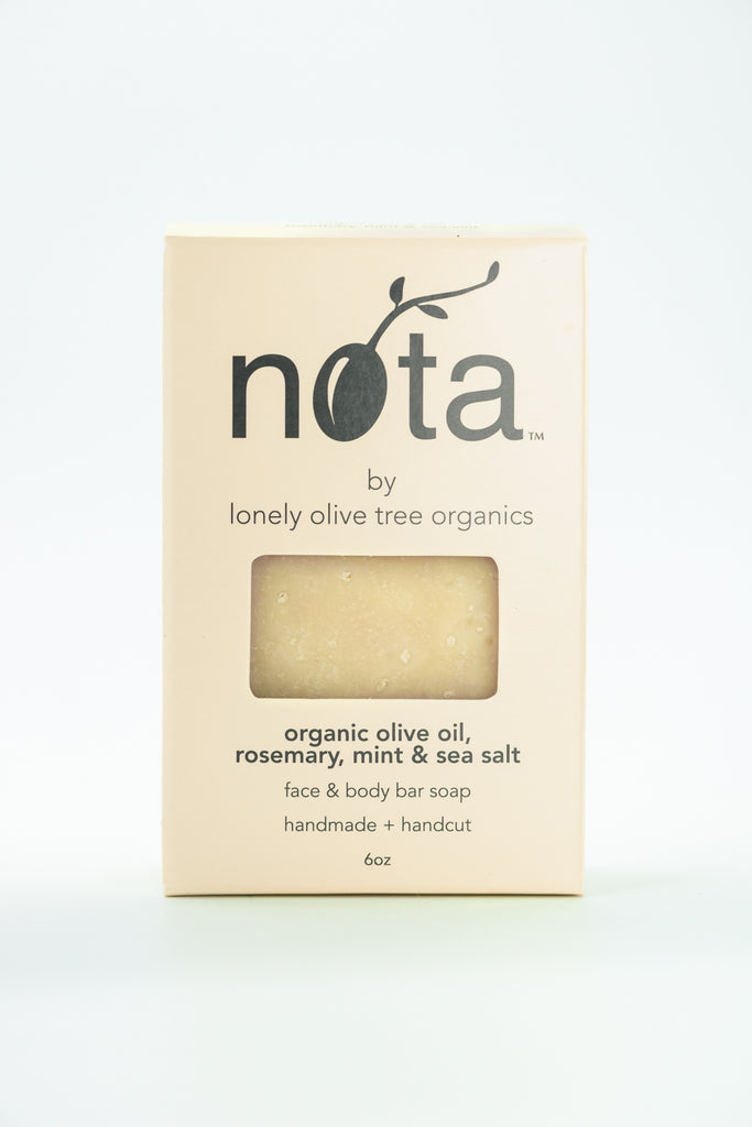  organic olive oil, rosemary, mint, & sea salt bar soap. 